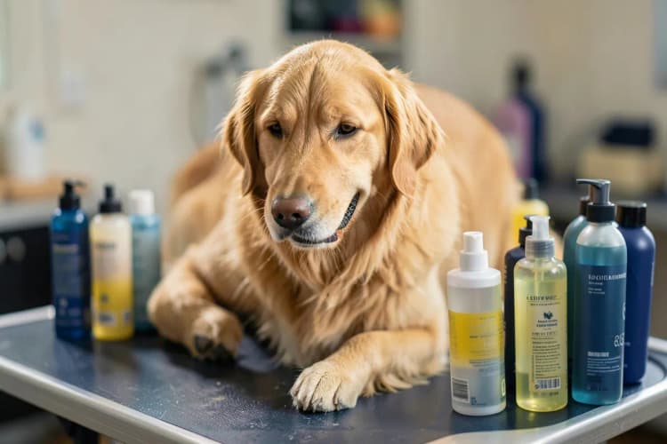 Um cachorro sendo escovado em uma mesa de tosa, com produtos de higiene ao lado.