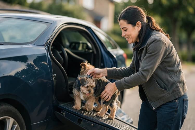 Um motorista ajudando um cachorro a entrar em um carro adaptado