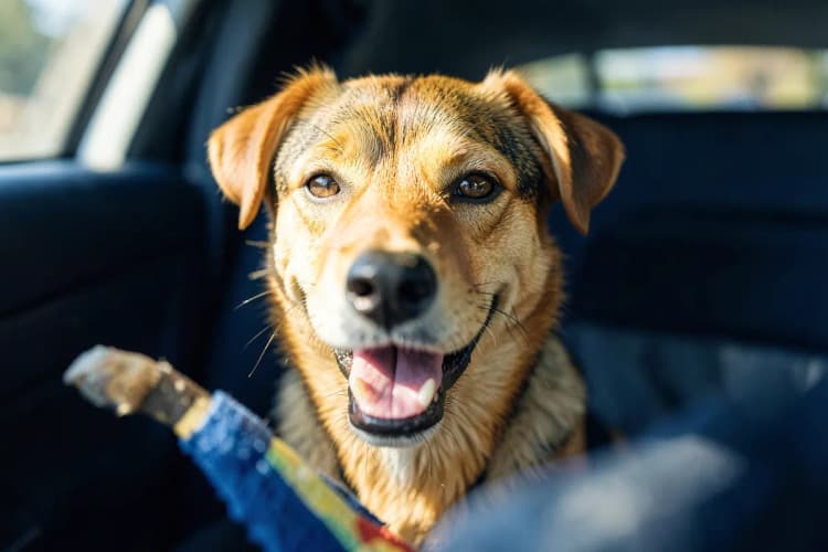 Um cachorro feliz dentro de um carro com um brinquedo