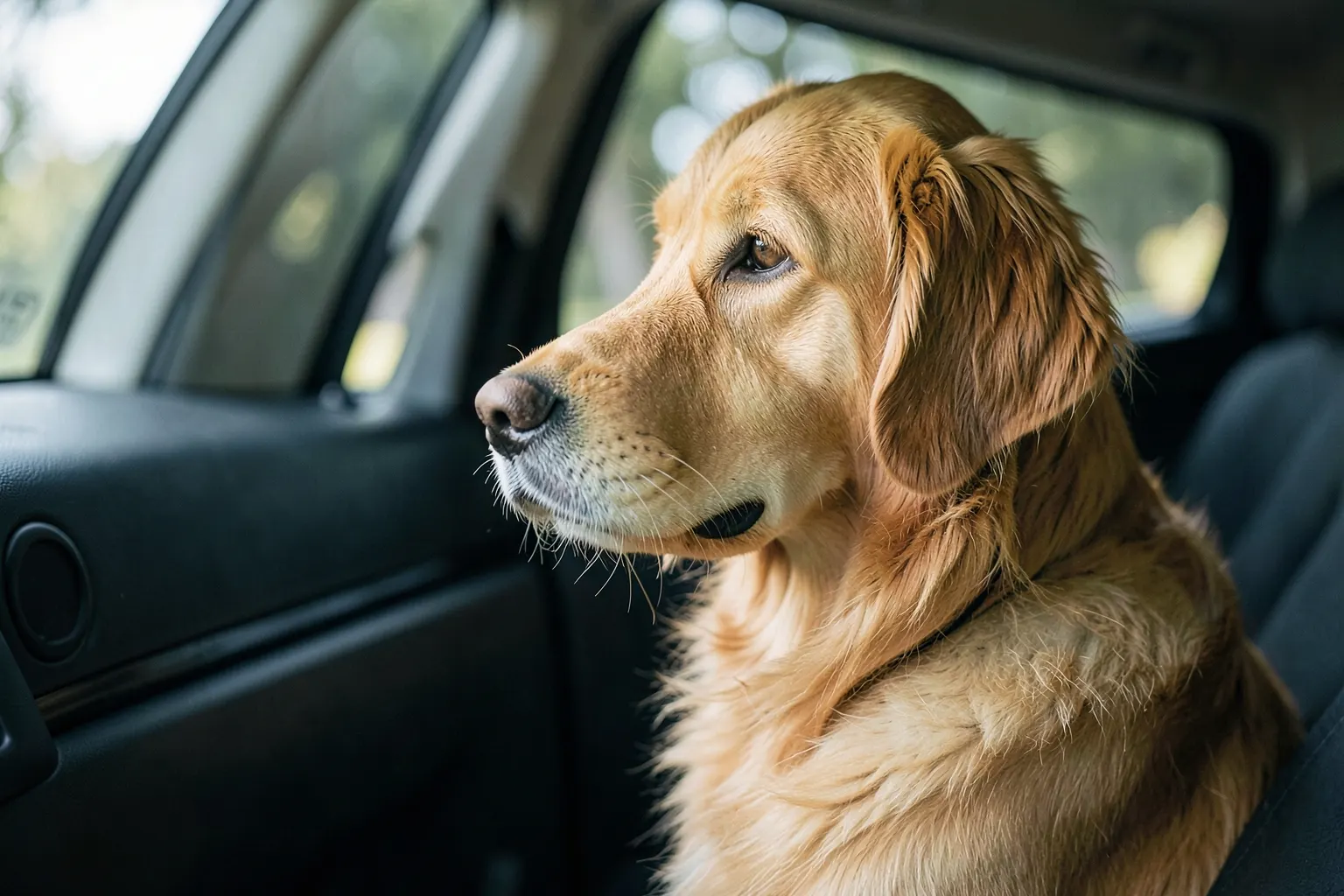 Um cachorro dentro de um carro de transporte de animais, olhando pela janela