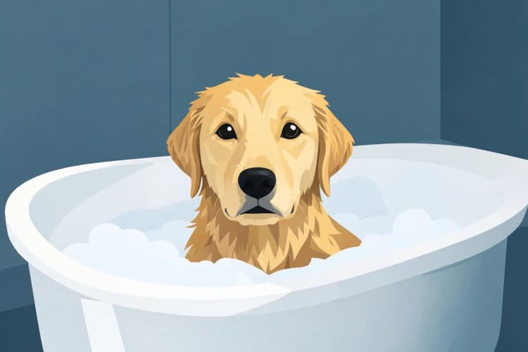 Cachorro com pelo molhado sendo banhado em uma banheira com espuma branca, com foco em seu rosto sereno.