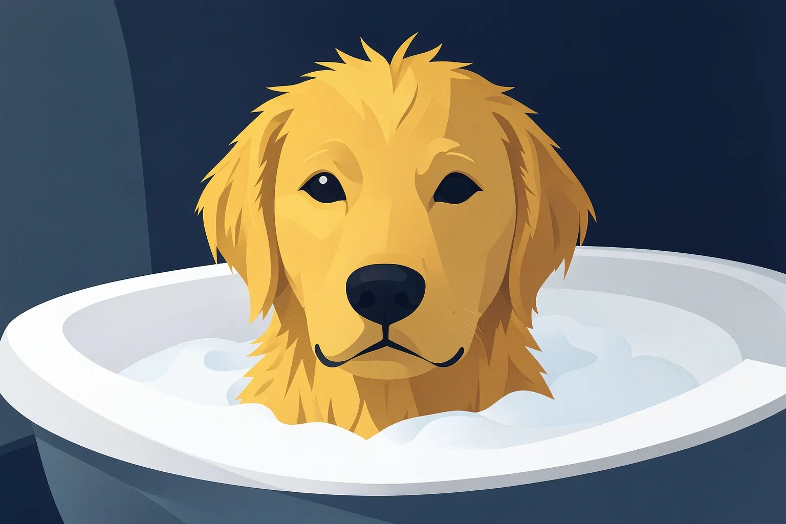 Cachorro com pelo molhado sendo banhado em uma banheira com espuma branca, com foco em seu rosto sereno.