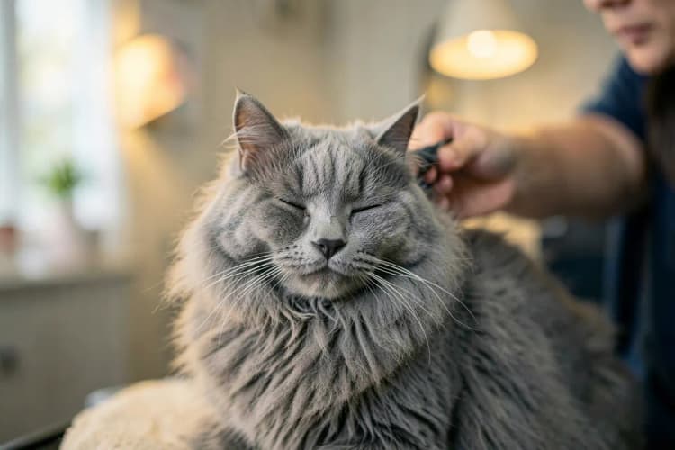Gato sendo escovado em um pet shop