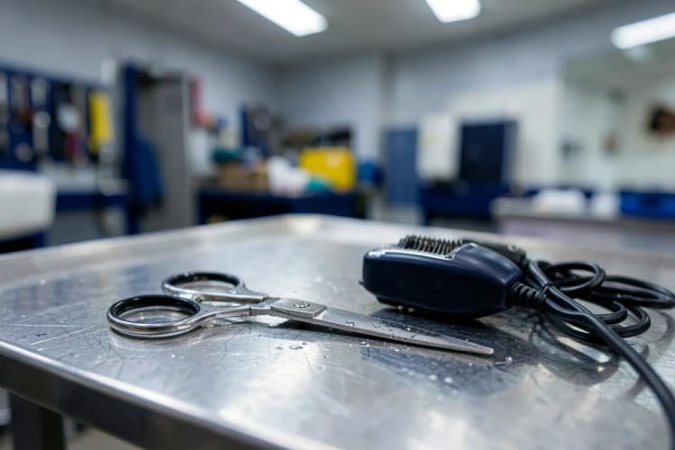 Tesoura de tosa e máquina de tosa em uma mesa de pet shop