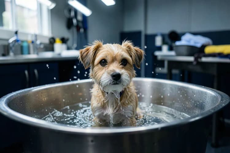 Cachorro em uma banheira de pet shop