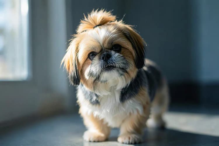 Um Shih Tzu com um corte de pelo moderno e estiloso, com o pelo da cabeça levemente mais longo.