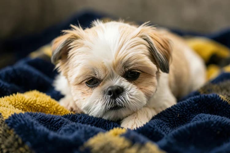 Um Shih Tzu com um corte de pelo prático e confortável, ideal para o dia a dia.