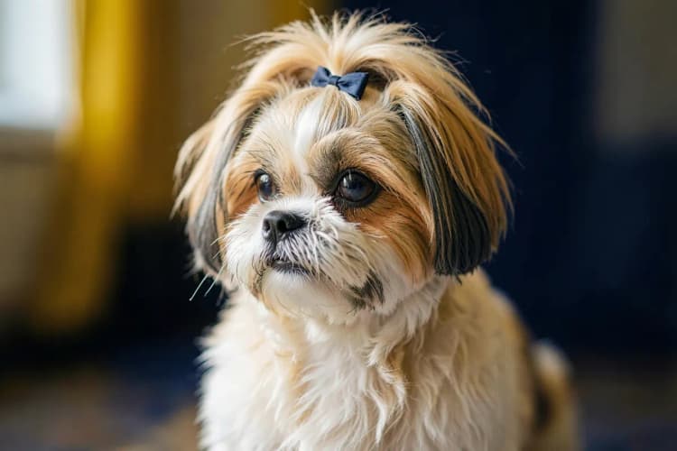 Um Shih Tzu com um visual fofo e despojado, com o pelo da cabeça preso em um laço.