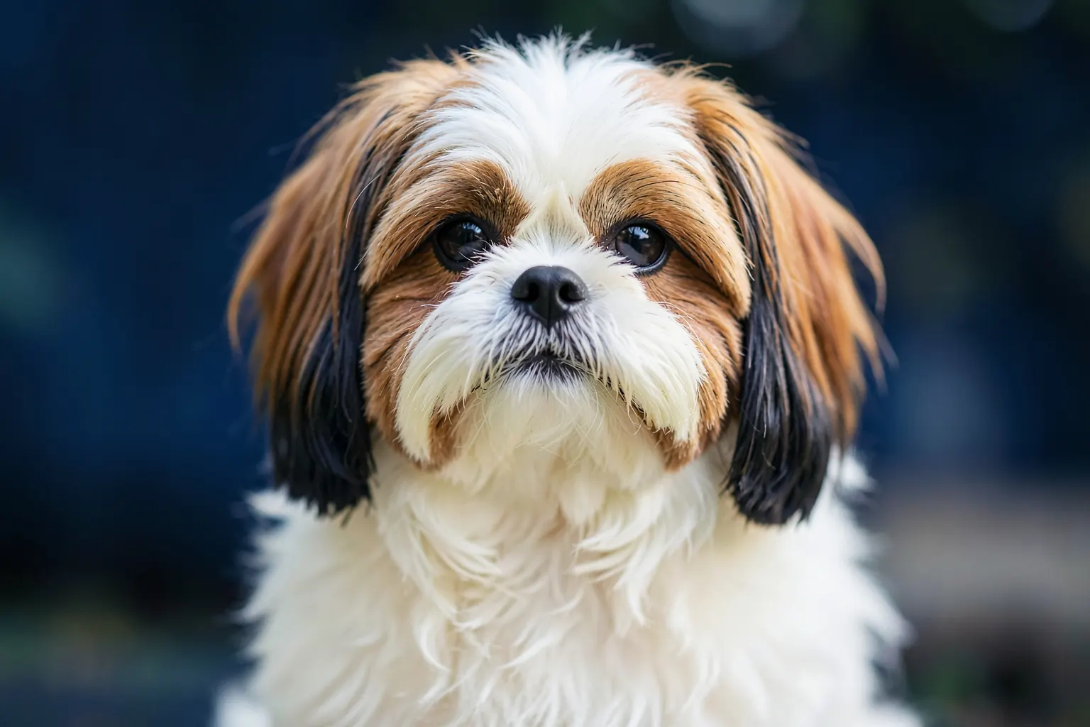 Um cachorro Shih Tzu com pelo longo e sedoso, olhando para a câmera com expressão curiosa.