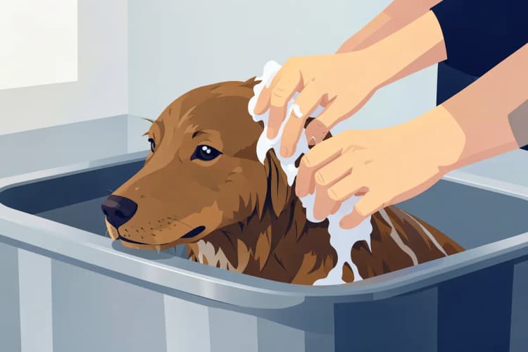Cachorro sendo ensaboado em banheira de pet shop