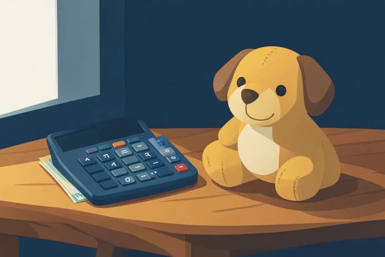 Calculadora e notas de dinheiro ao lado de um cachorro de pelúcia