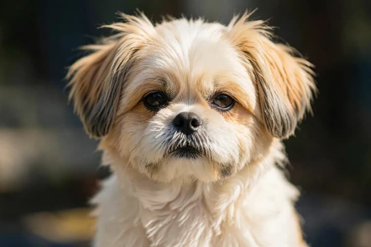Um Shih Tzu com a tosa bebê, com pelos mais longos nas orelhas e focinho, em um fundo claro.