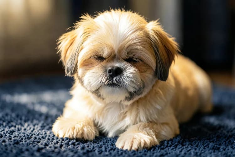 Um Shih Tzu com a tosa bebê, com pelos curtos e aparados, sentado em um tapete felpudo.