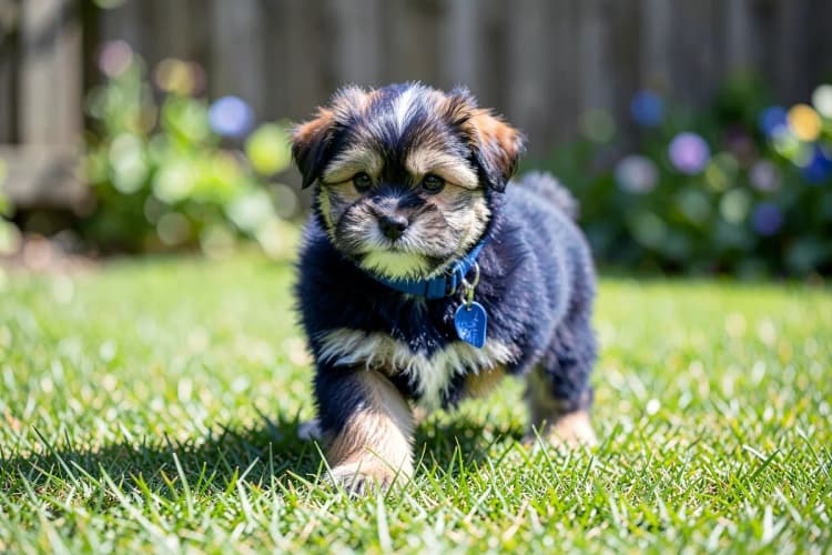 Um filhote de Shih Tzu com a tosa bebê, com pelos curtos e fofos, em um ambiente externo com grama.