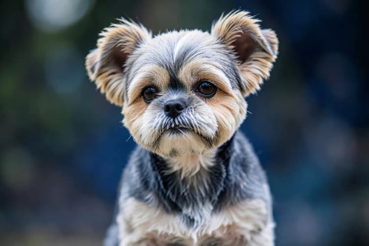 Um Shih Tzu com a tosa bebê, com pelos curtos e uniformes, em um fundo desfocado.