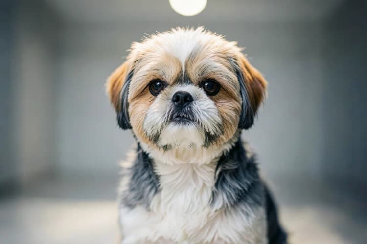 Um Shih Tzu com a tosa bebê, com pelos curtos e aparados, em um ambiente limpo e claro.