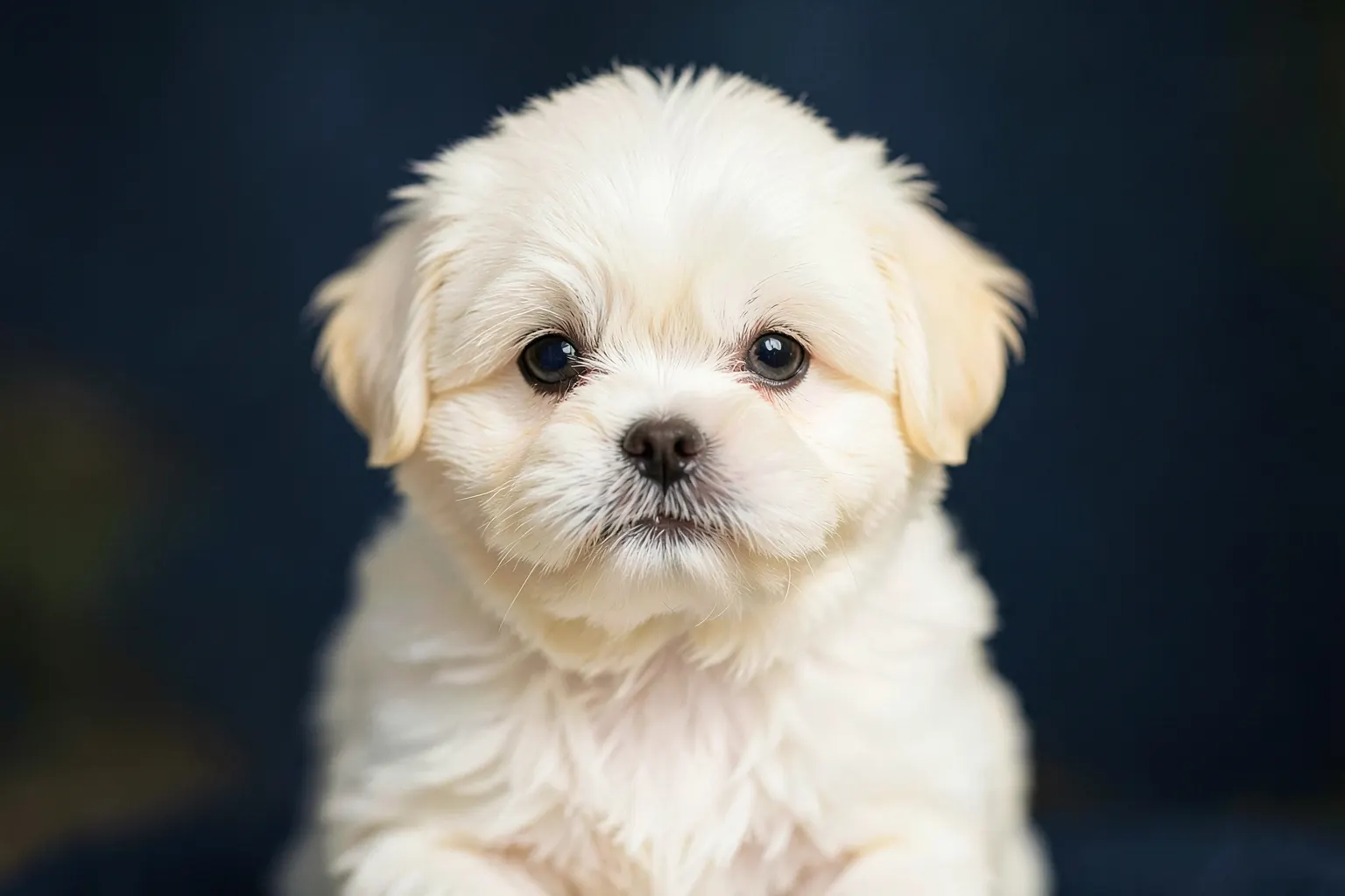 Um filhote de Shih Tzu com a tosa bebê, com pelos curtos e arredondados, olhando para a câmera em um fundo branco.