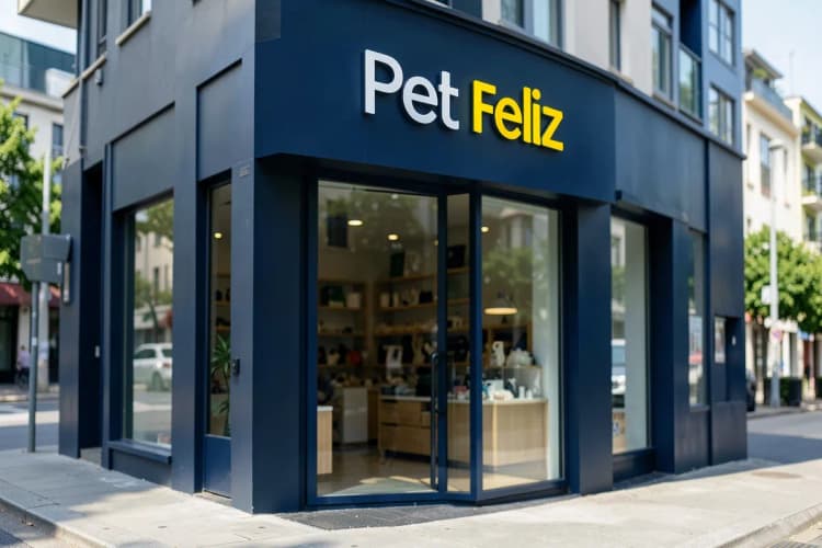 Fachada de um pet shop com o nome "Pet Feliz"