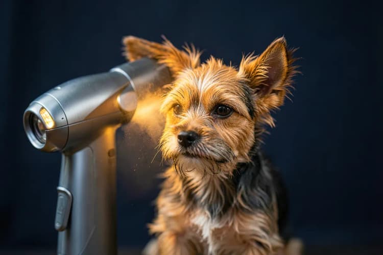 Secador de cabelo profissional secando o pelo de um cachorro tosado