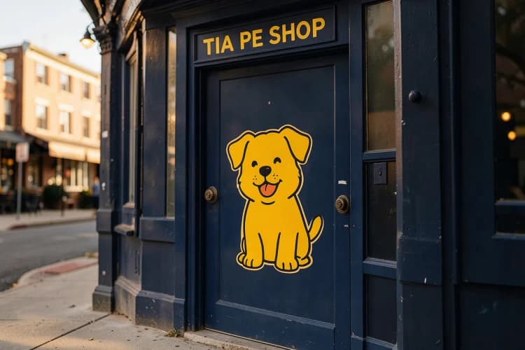 Fachada da Tia Beca Pet Shop com um cachorro sorrindo na porta