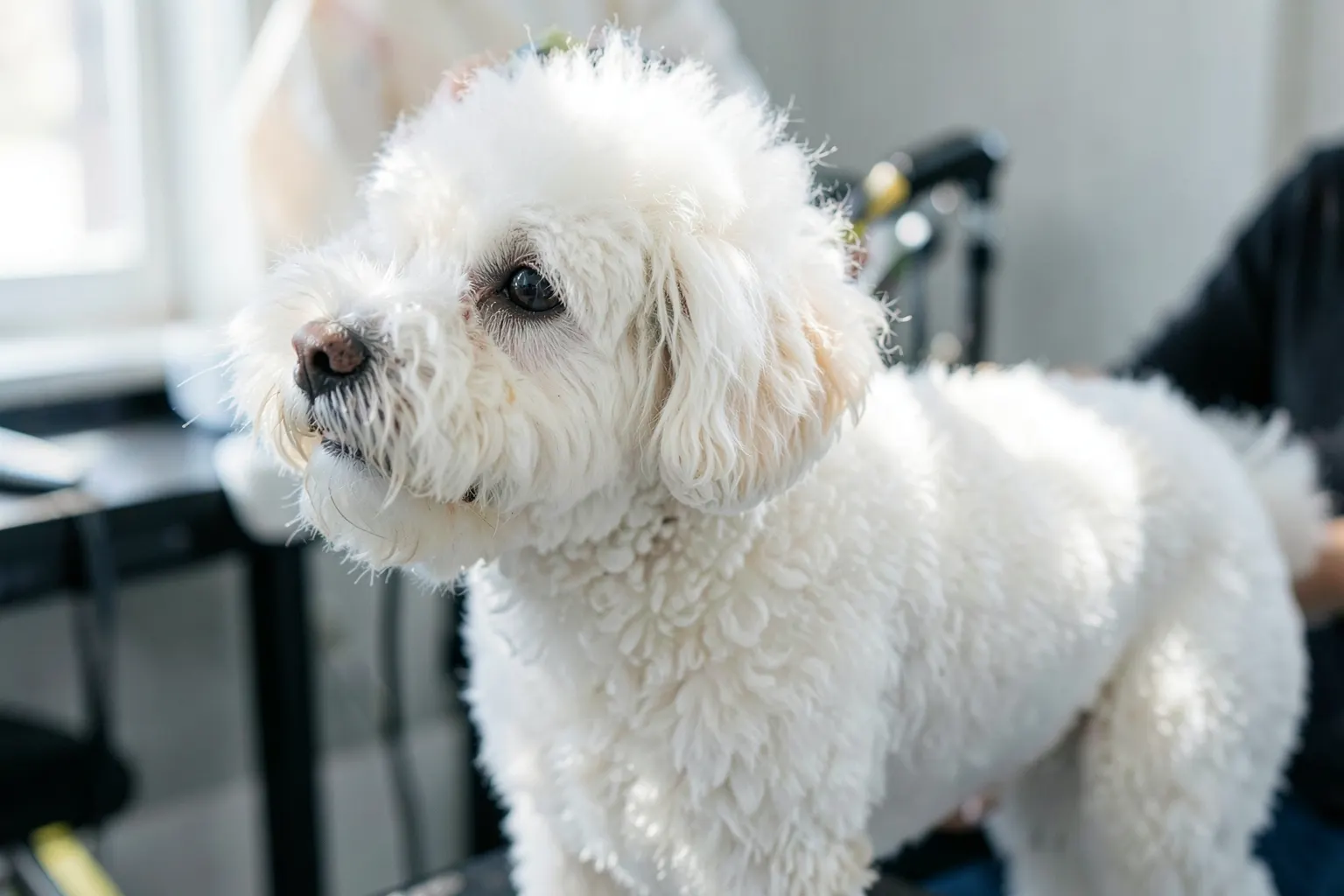 Cachorro sendo tosado em um pet shop com toalha ao redor do pescoço