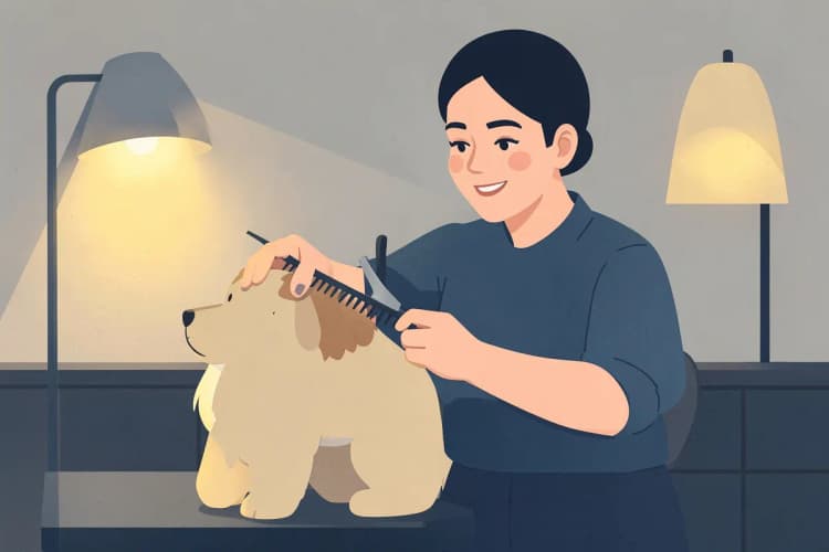 Profissional de banho e tosa penteando cachorro após tosa higiênica