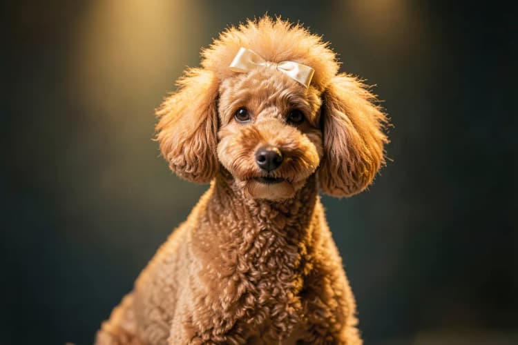 Cachorro poodle com pelo tosado completamente, com um laço na cabeça