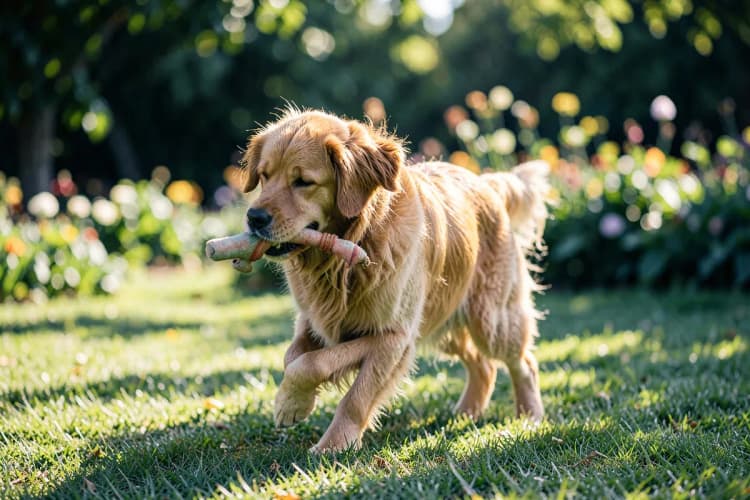 Cachorro golden retriever com pelo tosado completamente, com um brinquedo na boca