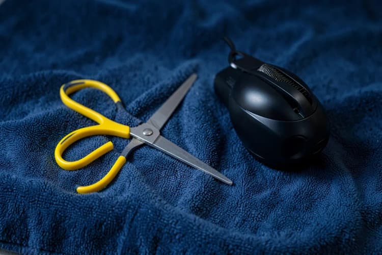 Tesoura de tosa e máquina de tosa sobre uma toalha limpa