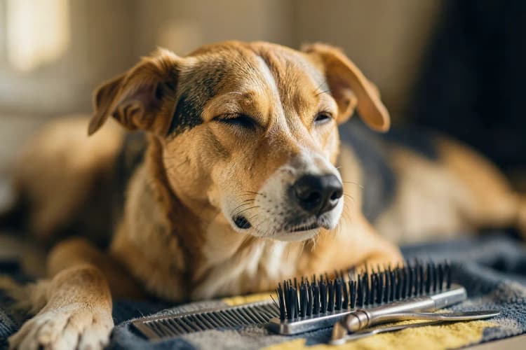 Cachorro com pelo tosado completamente, com um pente e escova ao lado