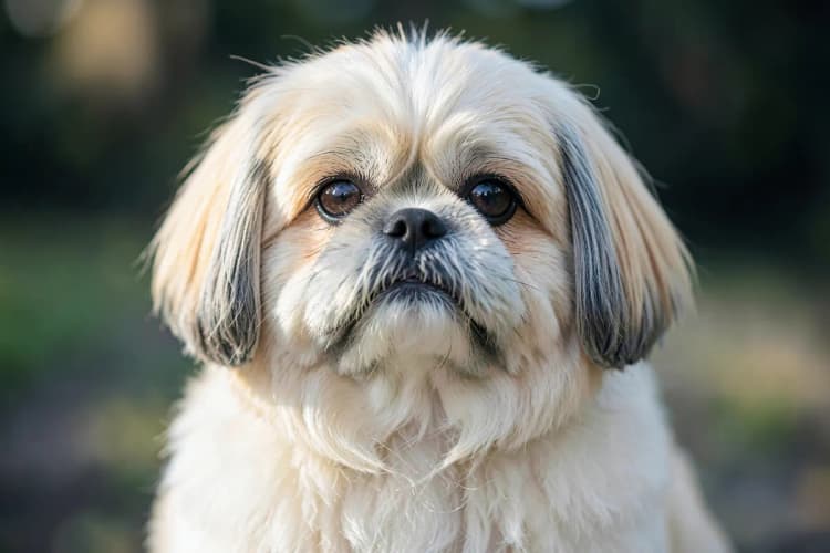 Um Shih Tzu com a cara redonda e orelhas caídas, com pelos longos e sedosos.