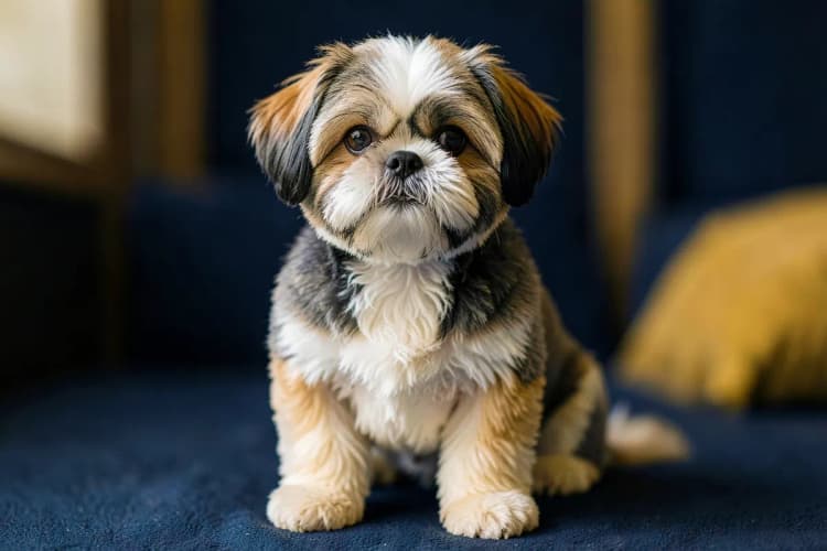 Um Shih Tzu com pelo curto e escovado, parecendo um ursinho de pelúcia.