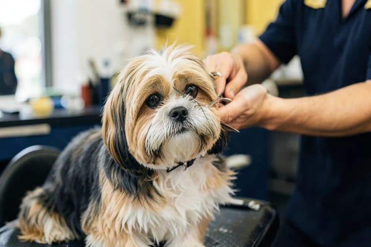 Um profissional tosando um cachorro Shih Tzu com cuidado e atenção.
