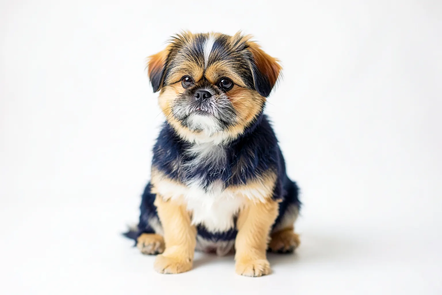 Um cachorro Shih Tzu com pelo curto e aparado, sentado em um fundo branco.